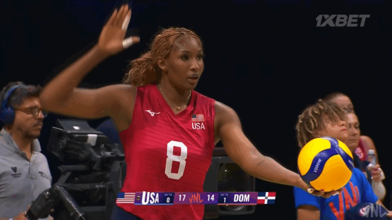 Brionne Butler serving for Team USA versus Dominican Republic in VNL match July 10, 2025